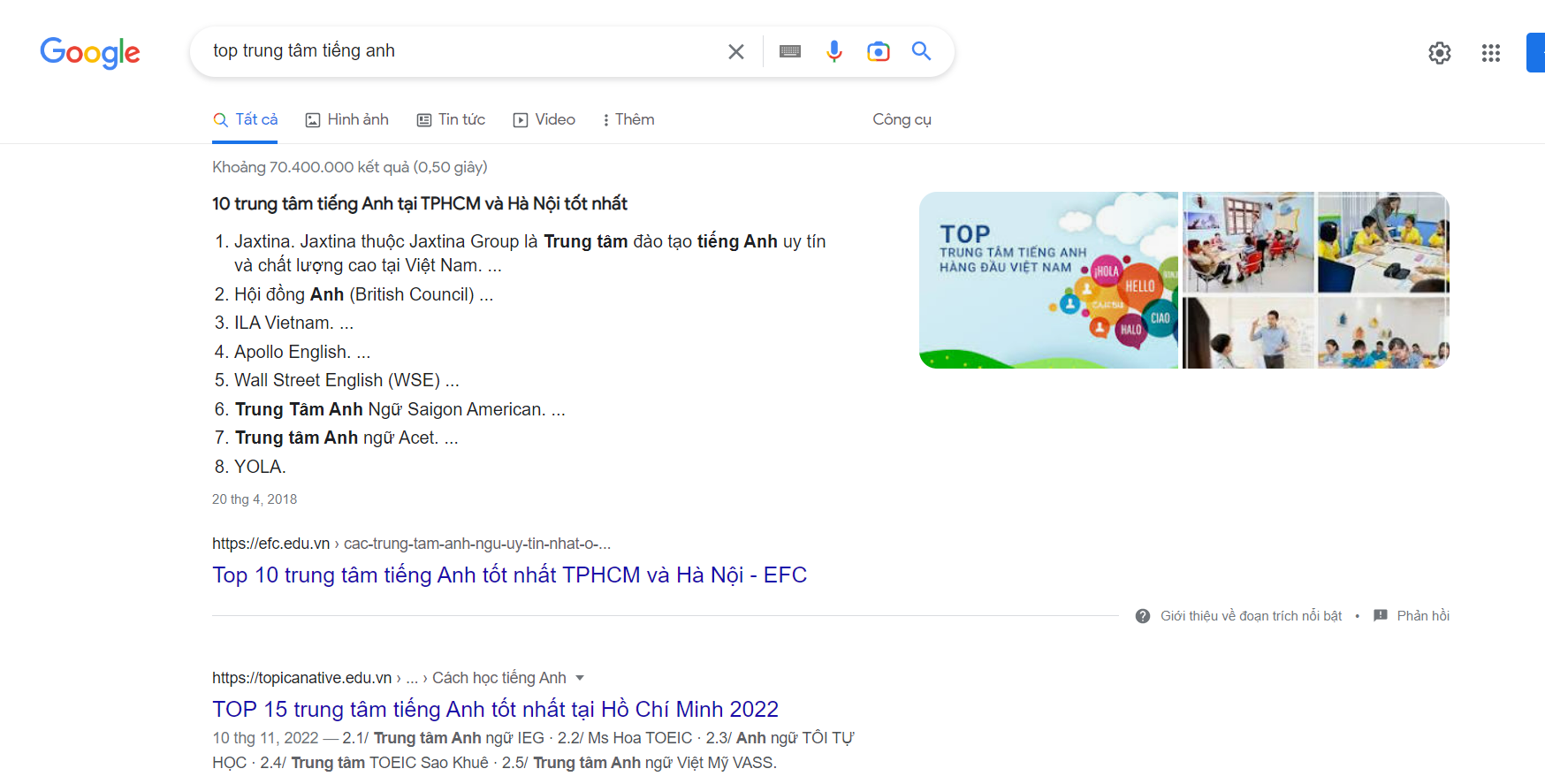 top trung tam tieng anh