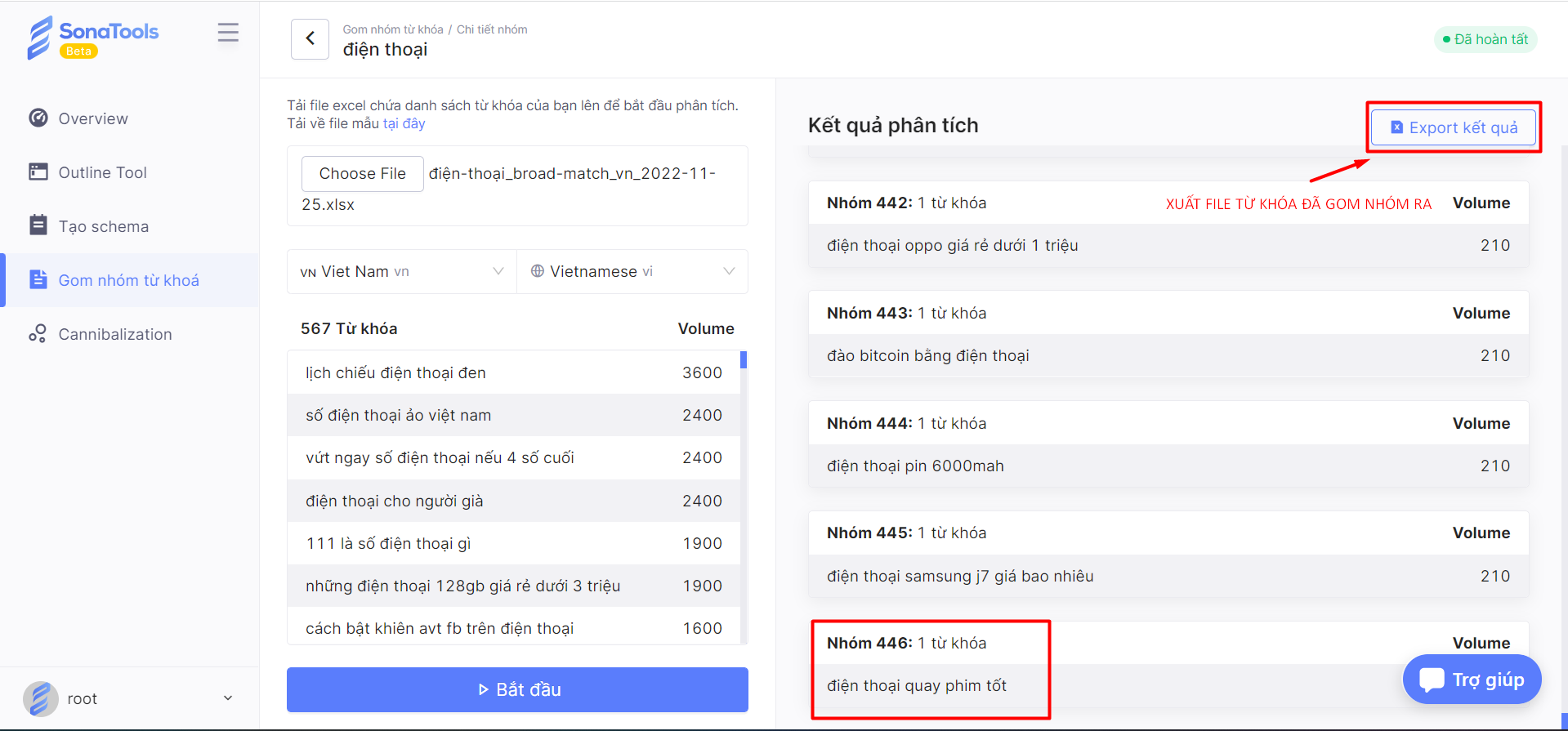 xuat file tu khoa da gom nhom ra