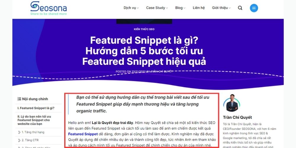 SEO content là gì? 8 bước xây dựng kế hoạch content SEO hiệu quả 40 Mô tả đoạn sapo Feature Snippet Seosona