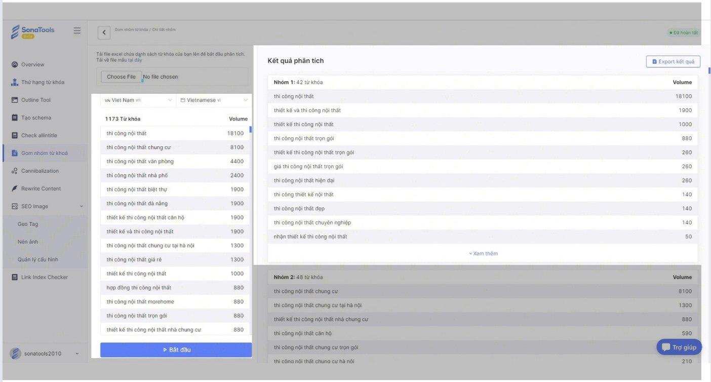 Topic Cluster là gì? Cách tạo Topic Cluster chuẩn SEO cho website 20 Kết quả gom nhóm từ khoá bằng Sonatools