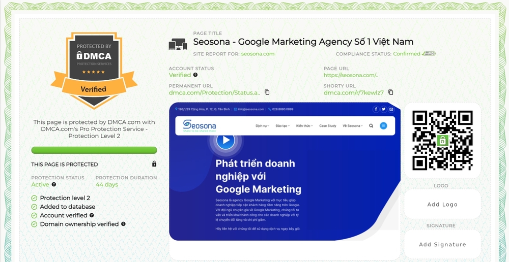 DMCA là gì? Cách đăng ký DMCA bảo vệ website cực đơn giản 13 Mẫu chứng nhận DMCA của Seosona