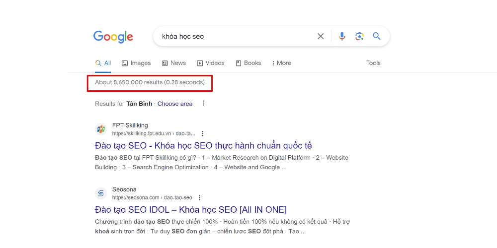 Long-tail keyword là gì? Bật mí cách tìm long-tail keyword hiệu quả 10 Số lượng kết quả trả về của từ khóa "Khóa học SEO"