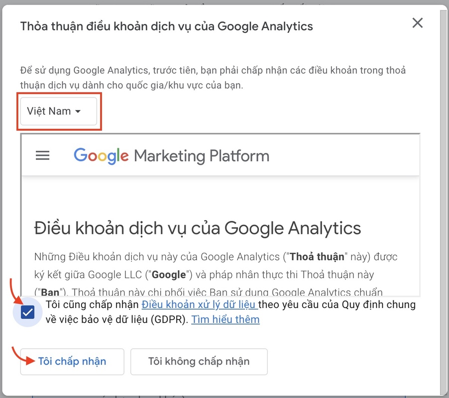 Google Analytics là gì? Hướng dẫn sử dụng Google Analytics đơn giản 44 xác nhận điều khoản trong google analytics